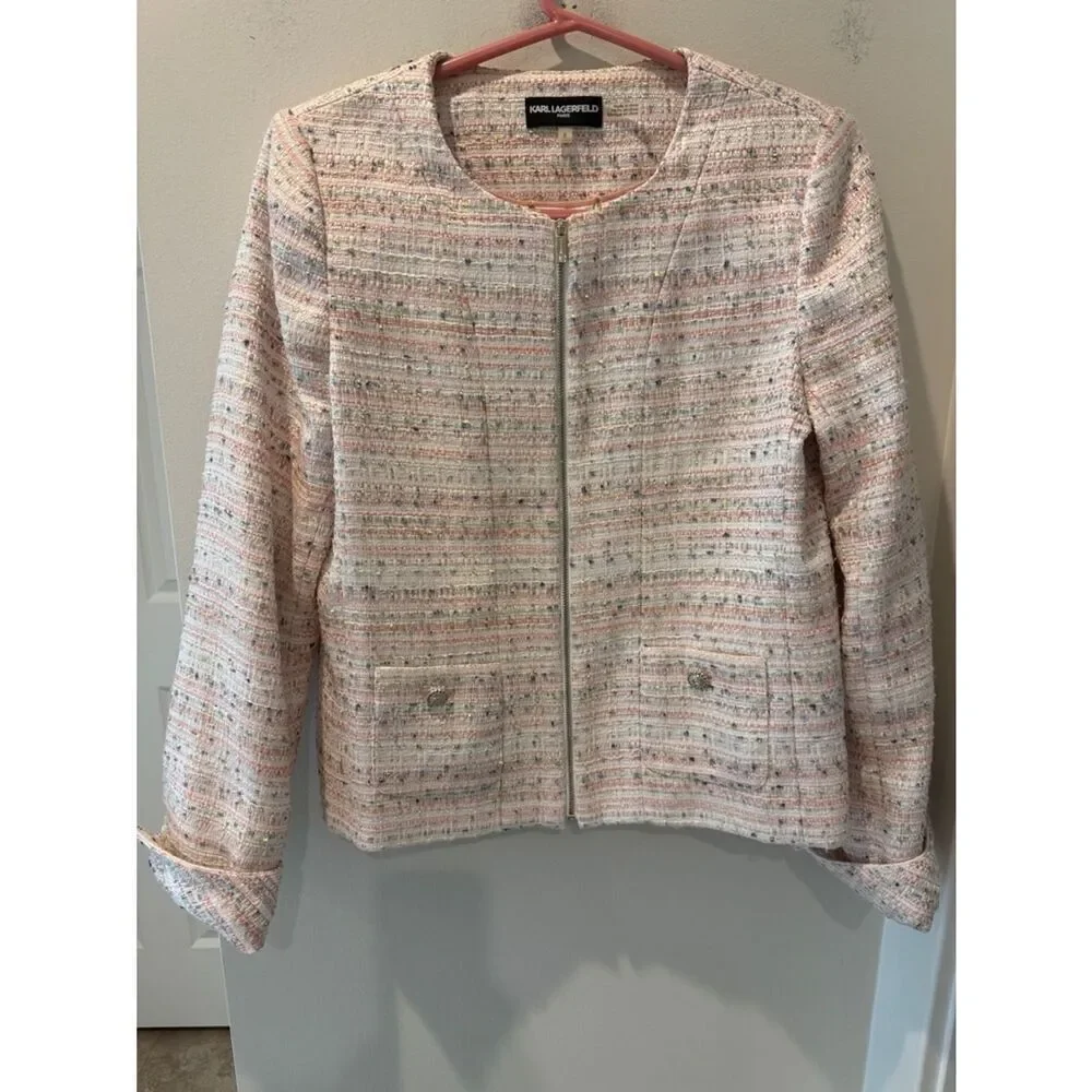 Karl Lagerfeld Cream and Pink Tweed Zip Jacket pockets rounded neckline size 8